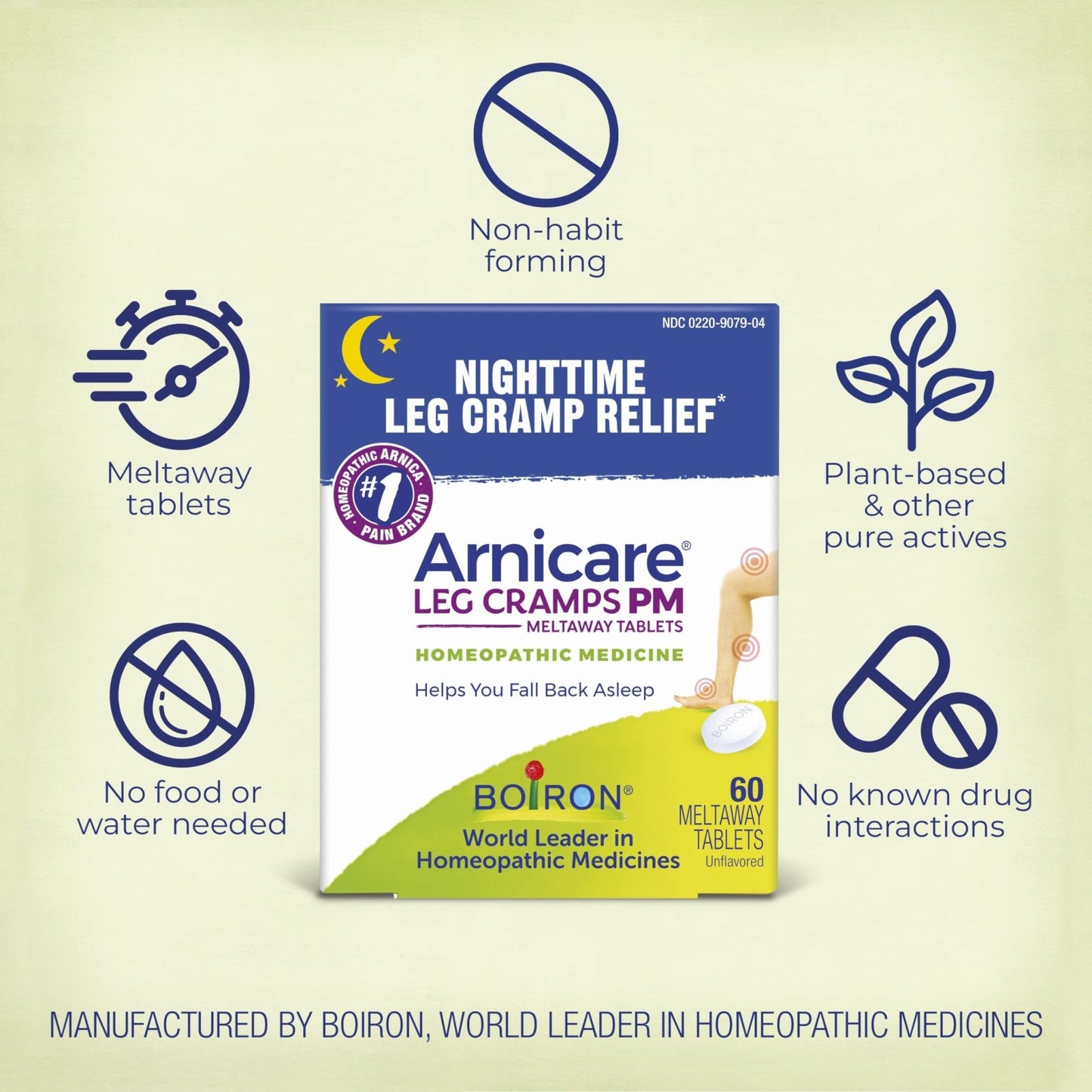 Boiron Arnicare Leg Cramps PM for Nighttime Relief from Cramping and Stiffness in Feet or Calves - 60 Tablets - Maple Wellness Supplements