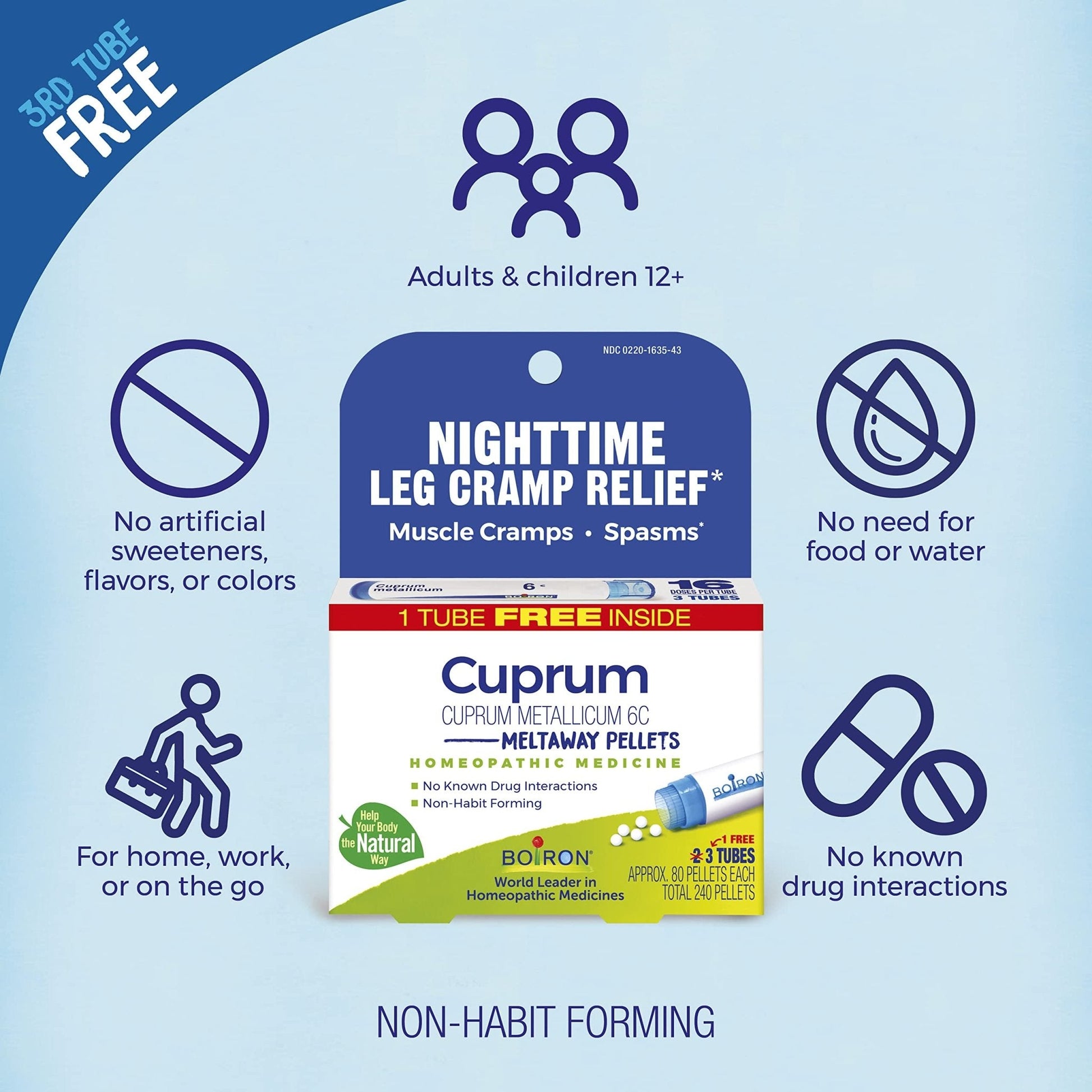 Boiron Cuprum Metallicum 6C Homeopathic Medicine for Nighttime Leg Cramp Relief, Muscle Cramps, and Spasms - 3 Count (240 Pellets) - Maple Wellness Supplements