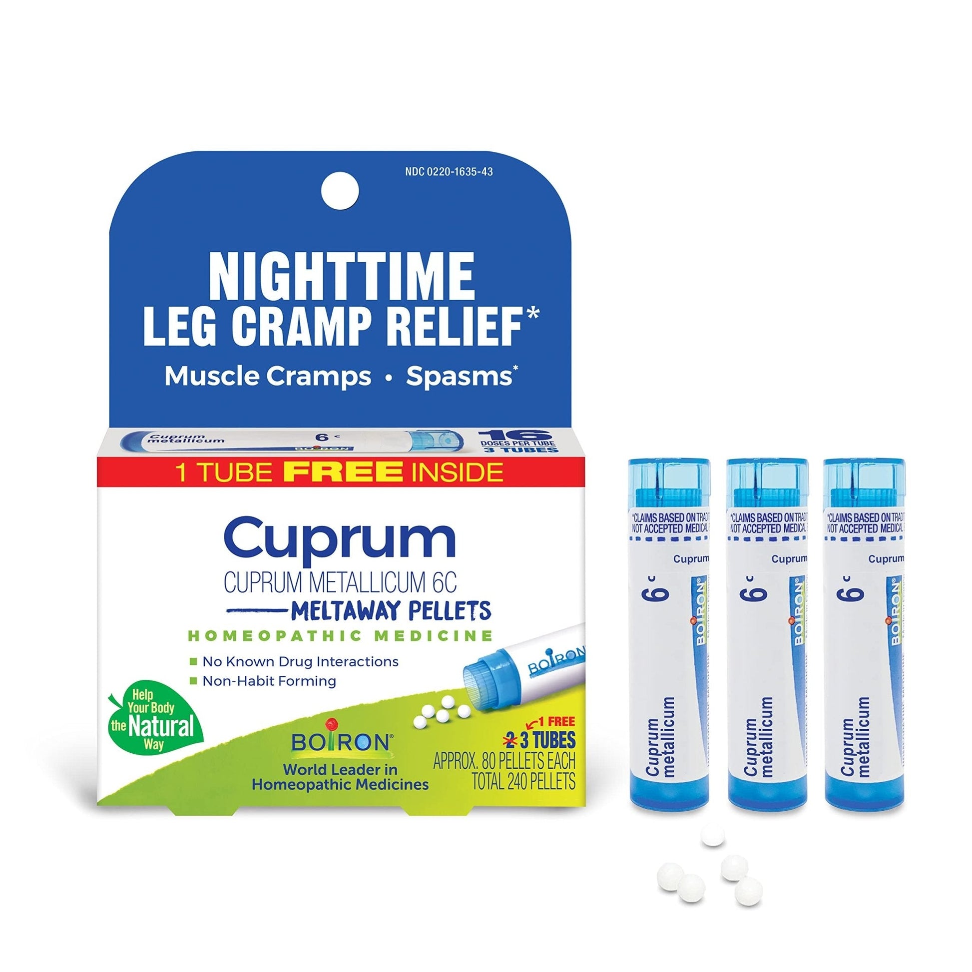 Boiron Cuprum Metallicum 6C Homeopathic Medicine for Nighttime Leg Cramp Relief, Muscle Cramps, and Spasms - 3 Count (240 Pellets) - Maple Wellness Supplements