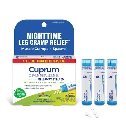 Boiron Cuprum Metallicum 6C Homeopathic Medicine for Nighttime Leg Cramp Relief, Muscle Cramps, and Spasms - 3 Count (240 Pellets) - Maple Wellness Supplements