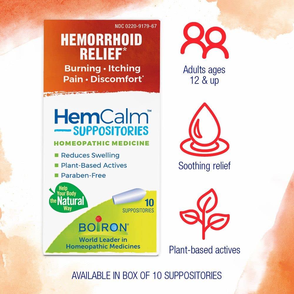 Boiron HemCalm Suppositories for Hemorrhoid Relief of Pain, Itching, Swelling or Discomfort - 10 Count (Pack of 2) - Maple Wellness Supplements