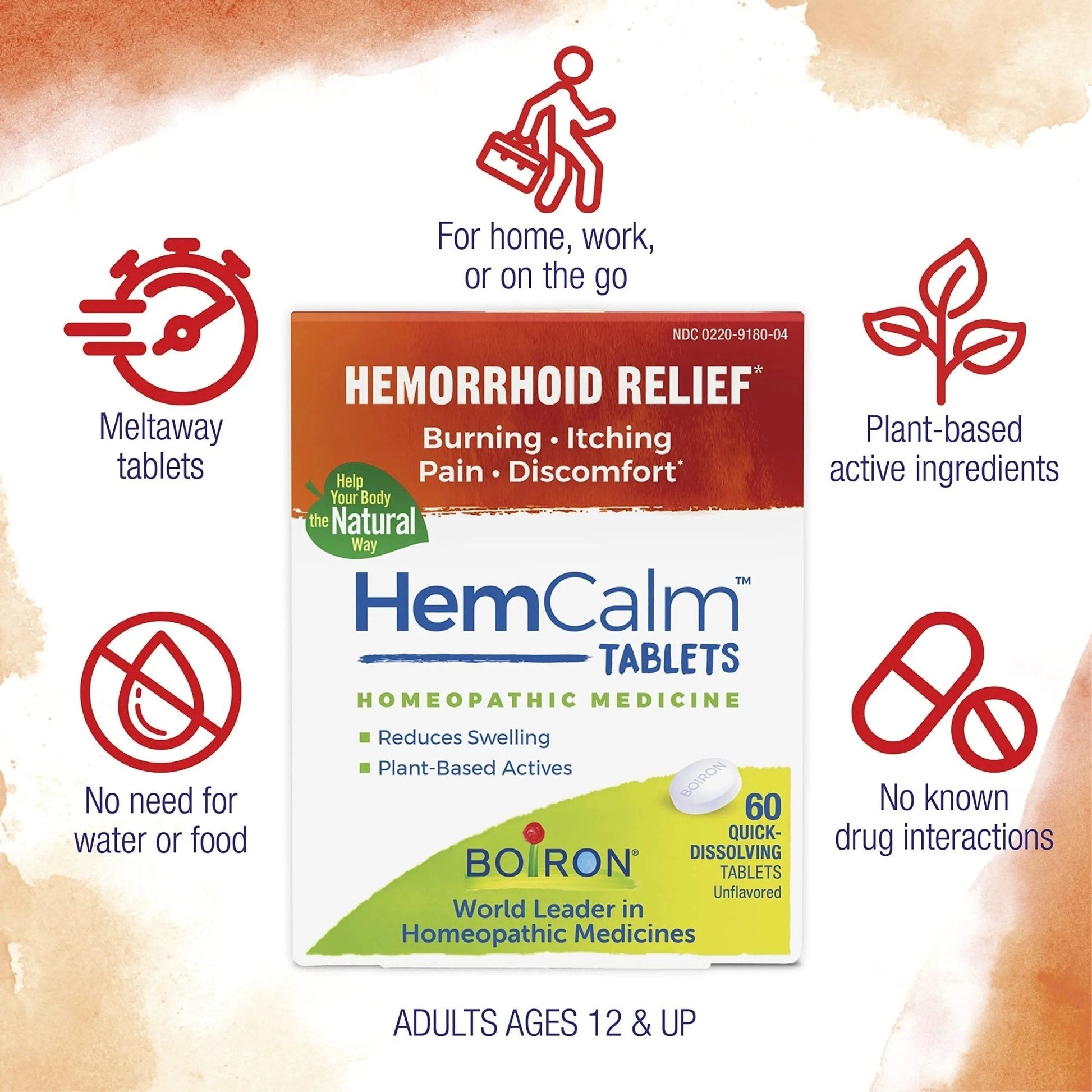 Boiron HemCalm Tablets for Hemorrhoid Relief of Pain, Itching, Swelling or Discomfort - 60 Count - Maple Wellness Supplements