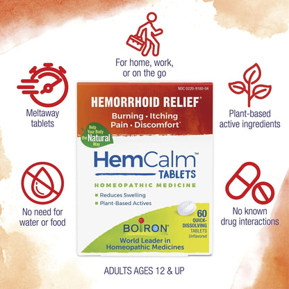 Boiron HemCalm Tablets for Hemorrhoid Relief of Pain, Itching, Swelling or Discomfort - 60 Count - Maple Wellness Supplements