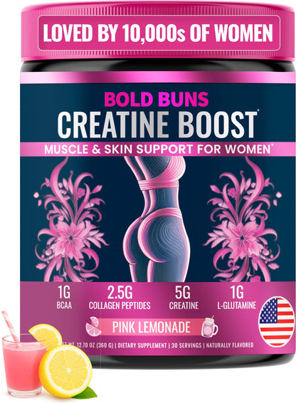 Bold Buns Creatine for Women – Supplement with Collagen & BCAA – Supports Muscle Development, Post-Workout Recovery, Skin Elasticity, - Maple Wellness Supplements