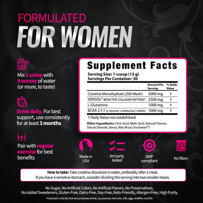 Bold Buns Creatine for Women – Supplement with Collagen & BCAA – Supports Muscle Development, Post-Workout Recovery, Skin Elasticity, - Maple Wellness Supplements