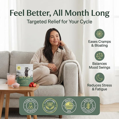 BOND Cycle Care – PMS Support Supplement & Hormone Balance for Women – Cortisol Reducer with Ashwagandha, L-Tryptophan, Magnesium, Turmeric Extract & Glutathione for Mood & Cycle Relief, 28 Servings - Maple Wellness Supplements