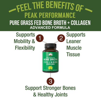 Bone Broth Collagen Capsules. 180 Pills of Grass Fed Bone Broth Collagen Protein Peptides. Contains All 3 Types 1, 2, and 3. Pure Pasture Raised Paleo Friendly Tablets for Women and Men - Maple Wellness Supplements
