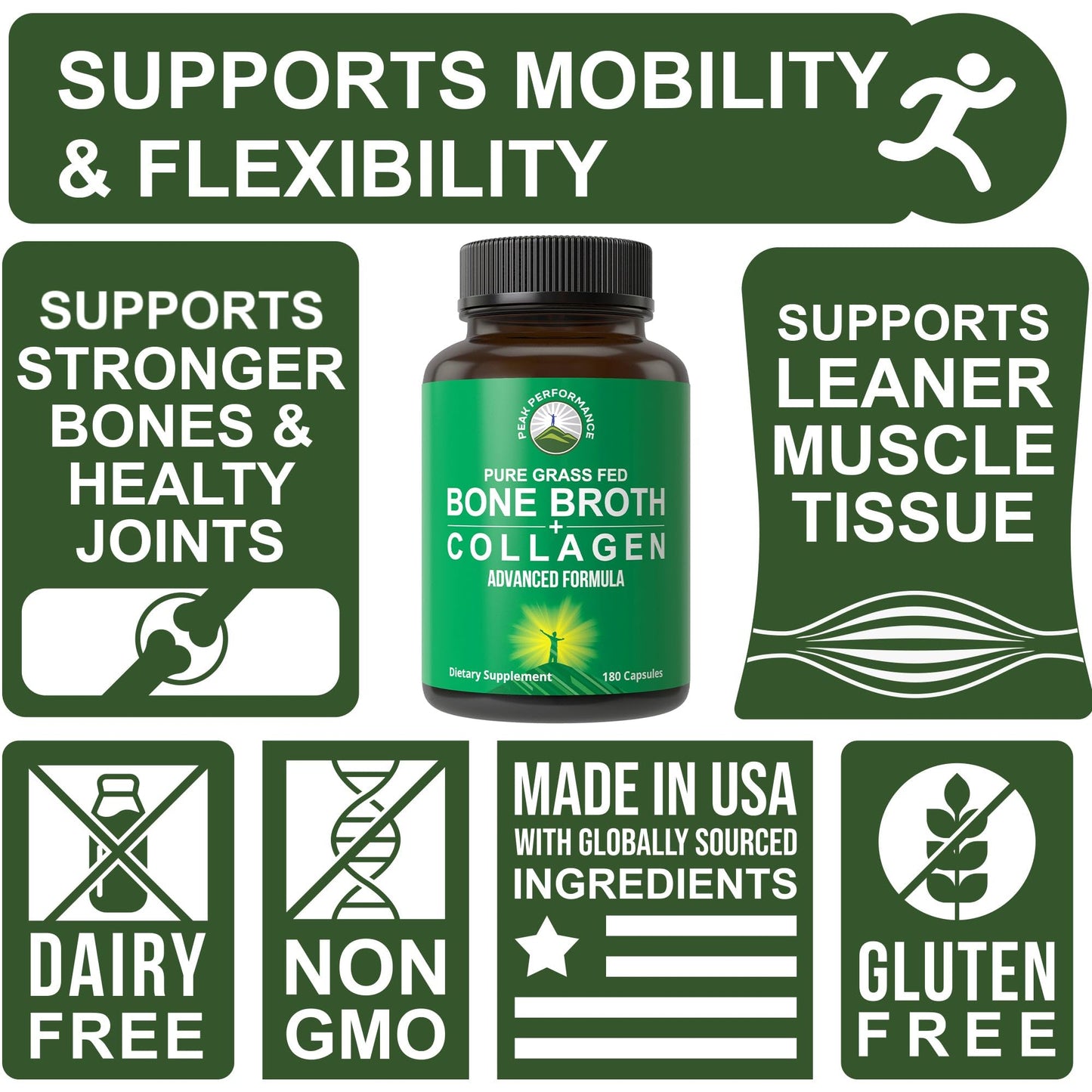 Bone Broth Collagen Capsules. 180 Pills of Grass Fed Bone Broth Collagen Protein Peptides. Contains All 3 Types 1, 2, and 3. Pure Pasture Raised Paleo Friendly Tablets for Women and Men - Maple Wellness Supplements