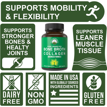 Bone Broth Collagen Capsules. 180 Pills of Grass Fed Bone Broth Collagen Protein Peptides. Contains All 3 Types 1, 2, and 3. Pure Pasture Raised Paleo Friendly Tablets for Women and Men - Maple Wellness Supplements