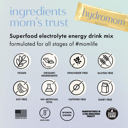Boobie Hydromom Superfood Electrolyte Drink Mix, Blue Raspberry Lemonade | Refreshing Energy & Hydration Boost for Mamas | On-The-Go & Travel Essentials for Pregnancy, - Maple Wellness Supplements