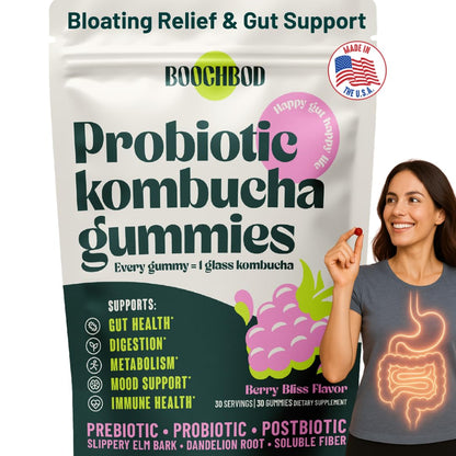 BoochBod - Probiotic Kombucha Gummy - Prebiotics, Probiotics, Postbiotics, Fiber Supplement, Slippery Elm, Dandelion Root - Maple Wellness Supplements