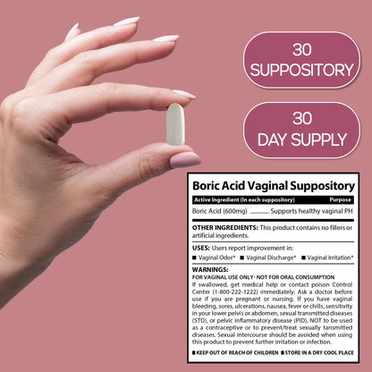 Boric Acid Suppositories for Women 600 mg, Pure Boric Acid pH Balance for Women & Vaginal Odor Control – 30 Suppositories, Made in USA - Maple Wellness Supplements