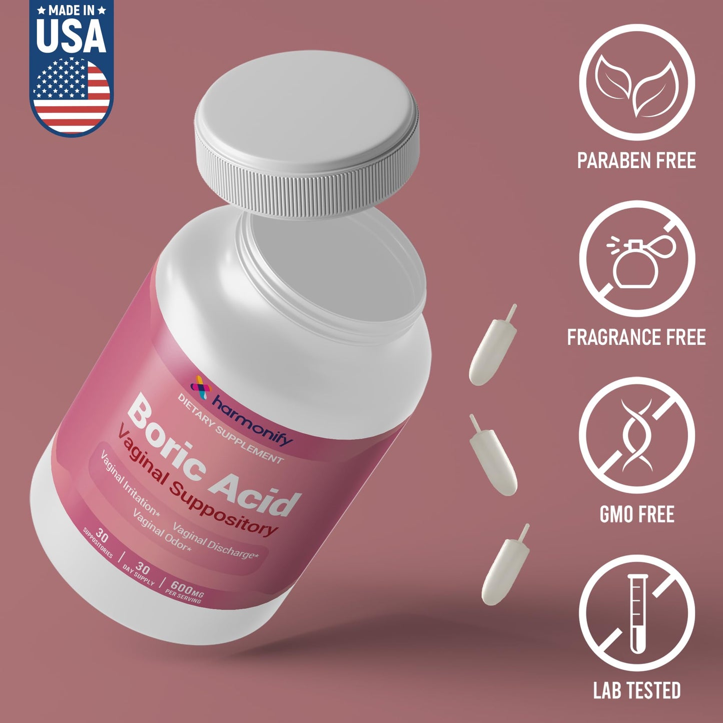 Boric Acid Suppositories for Women 600 mg, Pure Boric Acid pH Balance for Women & Vaginal Odor Control – 30 Suppositories, Made in USA - Maple Wellness Supplements