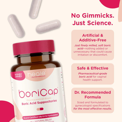 BoriCap - Boric Acid Suppositories for Women - 600 mg - Vaginal Health & Balance, Itch & Odor - Natural Relief - Feminine Care - Feminine Hygiene Products - Made in USA by Heale - 30 Capsules - Maple Wellness Supplements