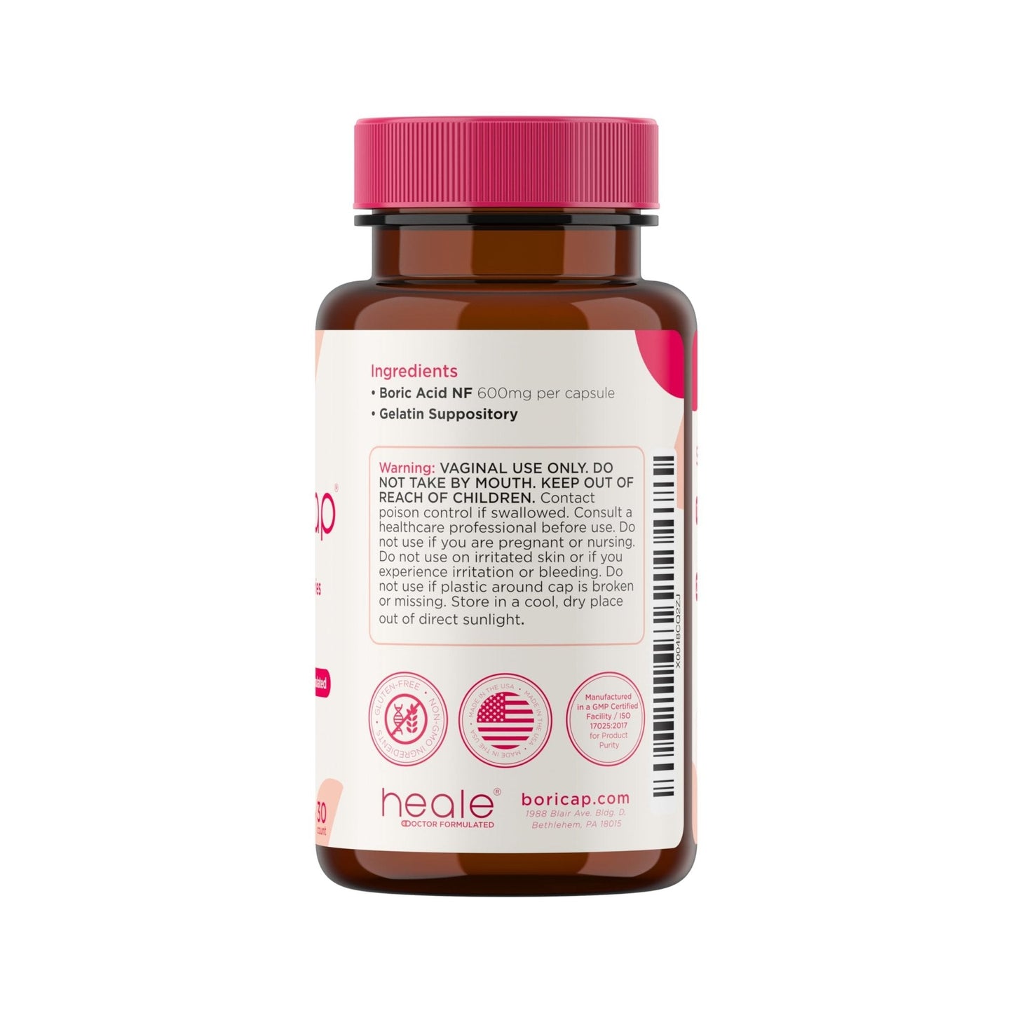 BoriCap - Boric Acid Suppositories for Women - 600 mg - Vaginal Health & Balance, Itch & Odor - Natural Relief - Feminine Care - Feminine Hygiene Products - Made in USA by Heale - 30 Capsules - Maple Wellness Supplements