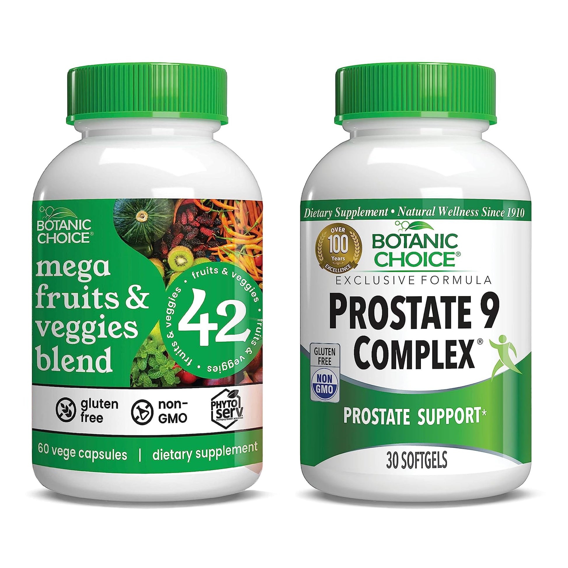 Botanic Choice Mega Fruits and Veggies Blend (60 Capsules) + Prostate 9 Complex (30 Softgels) Bundle - Energy Balance & Superfood Supplement + Urinary Flow & Cellular Health - Maple Wellness Supplements