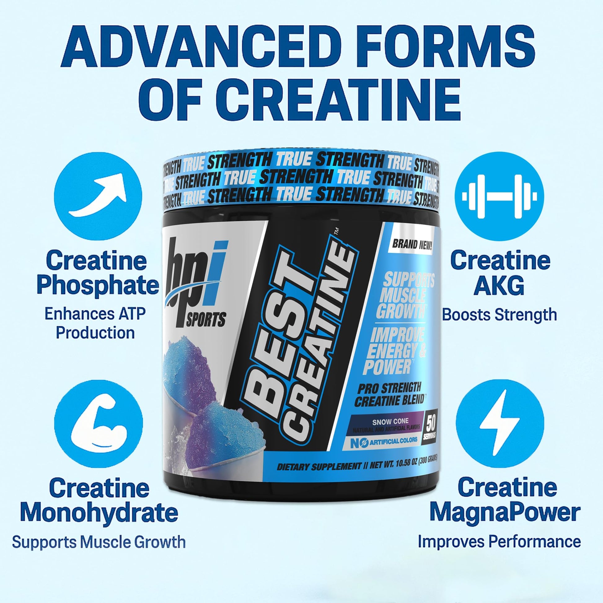BPI Sports Best Creatine - Creatine Monohydrate Powder for Men & Women, Himalayan Salt - Strength, Pump, Endurance, Muscle Growth, Muscle Definition - No Bloat - Snow Cone - 50 servings - 10.58 Oz - Maple Wellness Supplements
