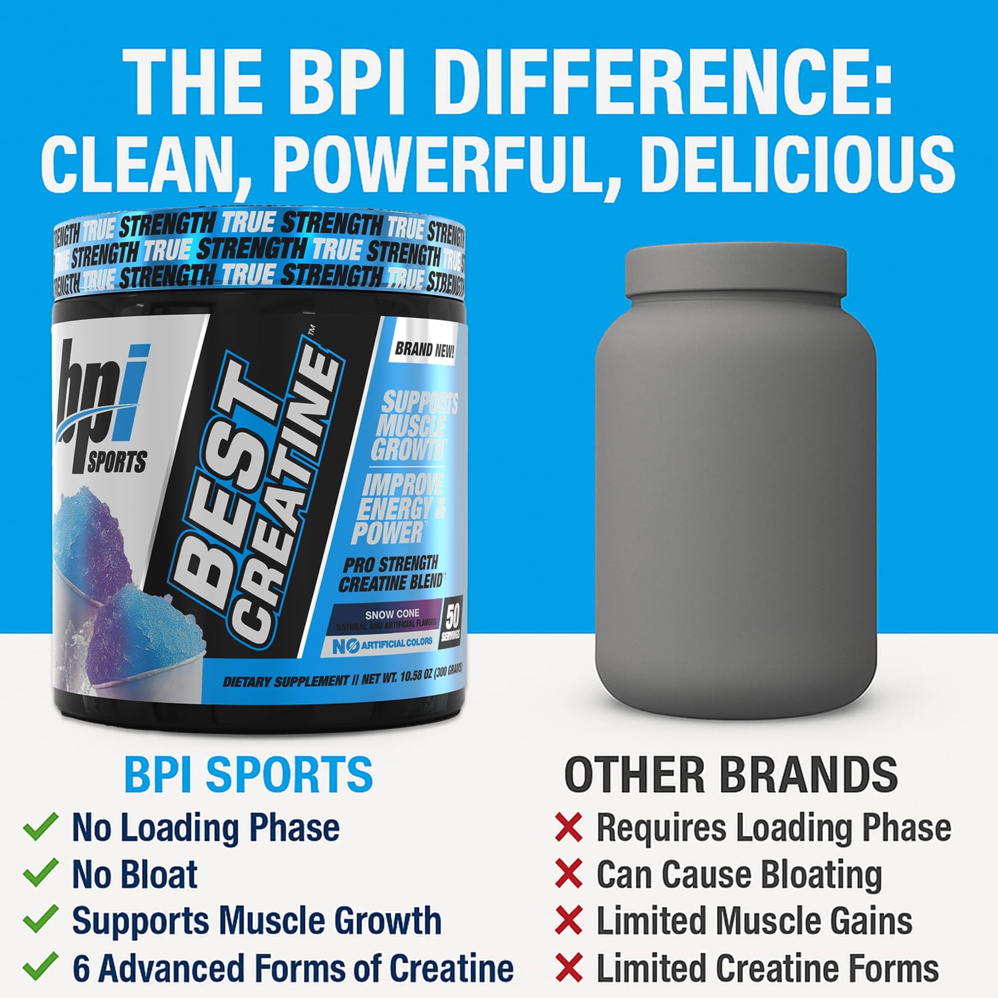 BPI Sports Best Creatine - Creatine Monohydrate Powder for Men & Women, Himalayan Salt - Strength, Pump, Endurance, Muscle Growth, Muscle Definition - No Bloat - Snow Cone - 50 servings - 10.58 Oz - Maple Wellness Supplements