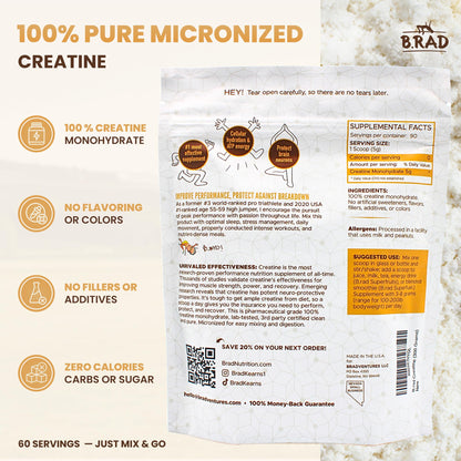 B.rad 100% Pure Micronized Creatine Monohydrate Powder | Natural, No Additives | Boosts Muscle Strength, Recovery & Performance | Supports Brain Health | 300g, 60 Servings - Maple Wellness Supplements