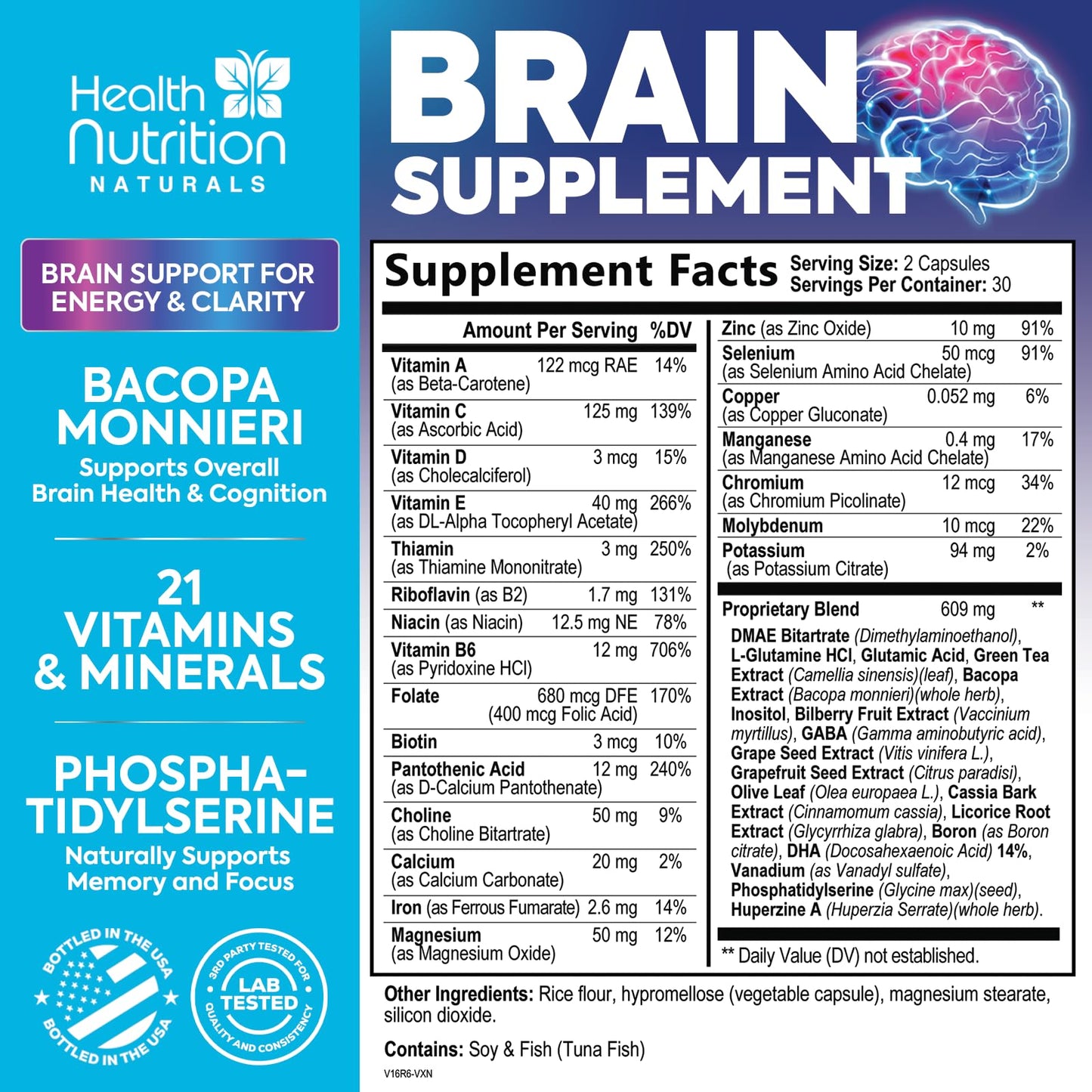 Brain Memory Supplement - 3X Strength Nootropics for Concentration, Clarity & Focus Support - Brain Health Cognitive Vitamins with Bacopa, Phosphatidylserine & DMAE 609mg, Brain Booster, 60 Capsules - Maple Wellness Supplements