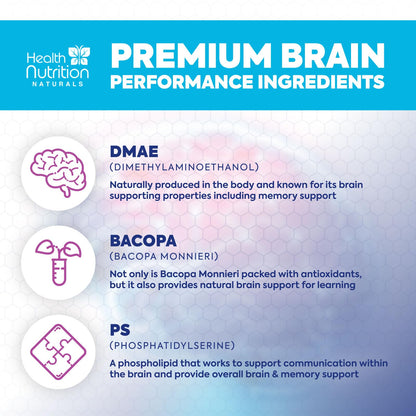 Brain Memory Supplement - 3X Strength Nootropics for Concentration, Clarity & Focus Support - Brain Health Cognitive Vitamins with Bacopa, Phosphatidylserine & DMAE 609mg, Brain Booster, 60 Capsules - Maple Wellness Supplements