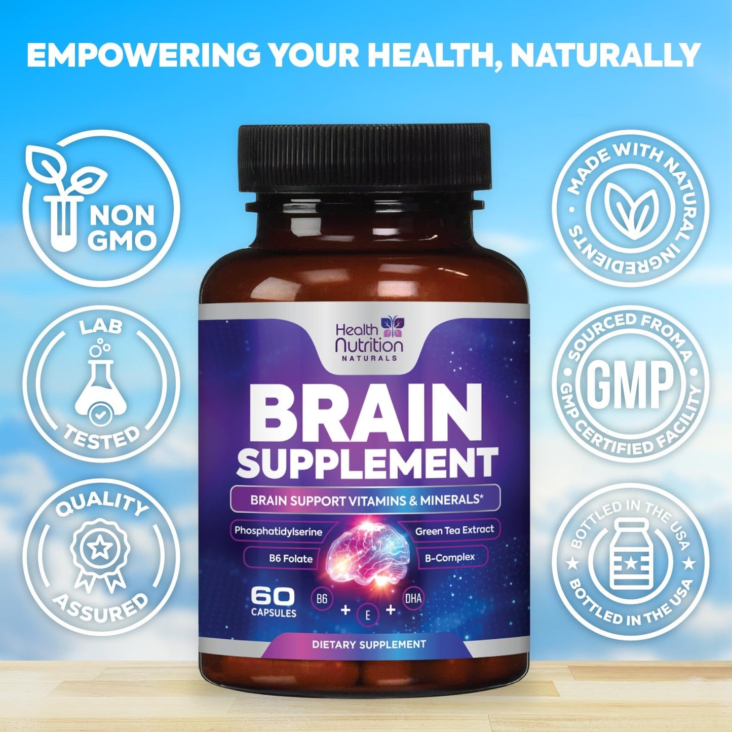 Brain Memory Supplement - 3X Strength Nootropics for Concentration, Clarity & Focus Support - Brain Health Cognitive Vitamins with Bacopa, Phosphatidylserine & DMAE 609mg, Brain Booster, 60 Capsules - Maple Wellness Supplements