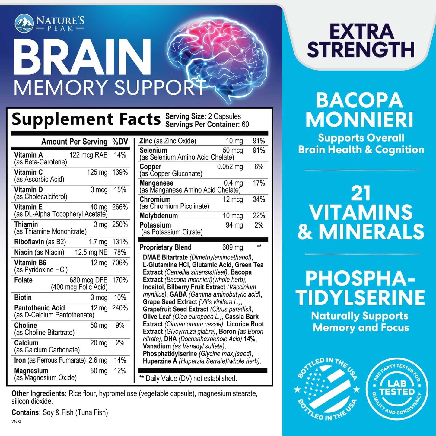 Brain Memory Supplement - 3X Strength Nootropics for Concentration, Clarity & Focus Support - Brain Health Cognitive Vitamins with Bacopa, Phosphatidylserine & DMAE, Brain Booster Pills, 120 Capsules - Maple Wellness Supplements
