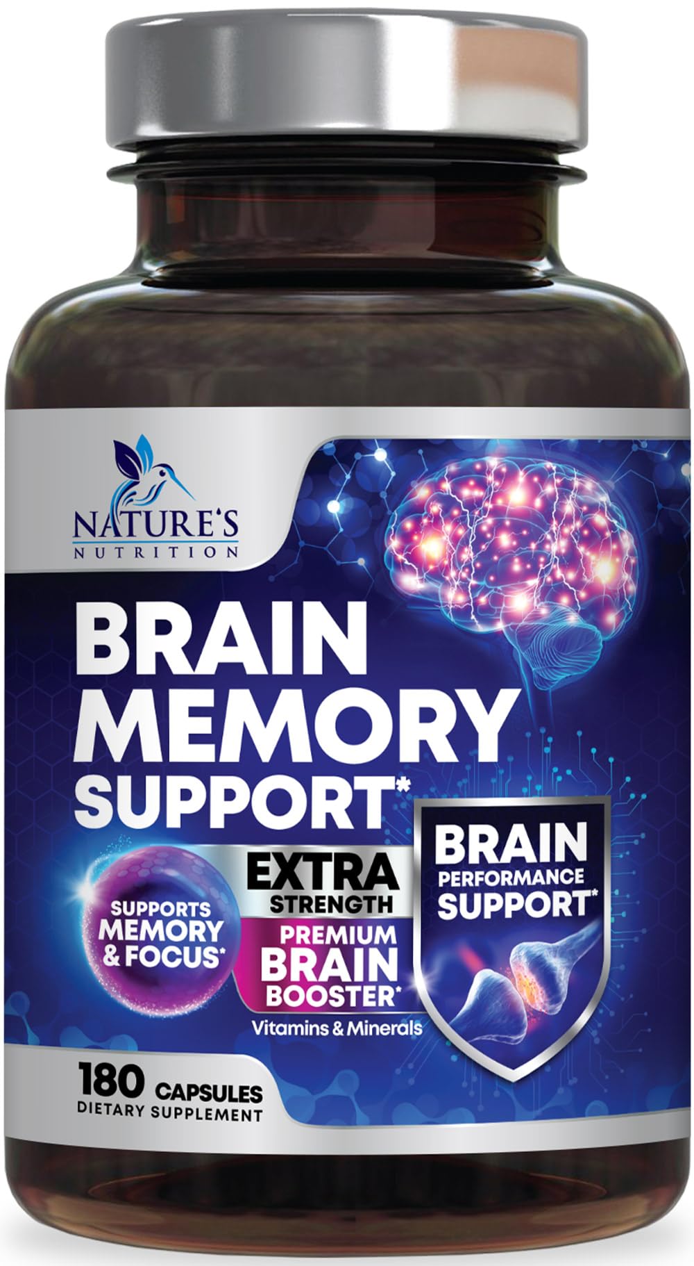 Brain Memory Supplement Pills - 3X Strength Nootropics for Concentration, Clarity & Focus Support - Brain Health Cognitive Vitamins with Bacopa, Phosphatidylserine & DMAE, Brain Booster - 180 Capsules - Maple Wellness Supplements