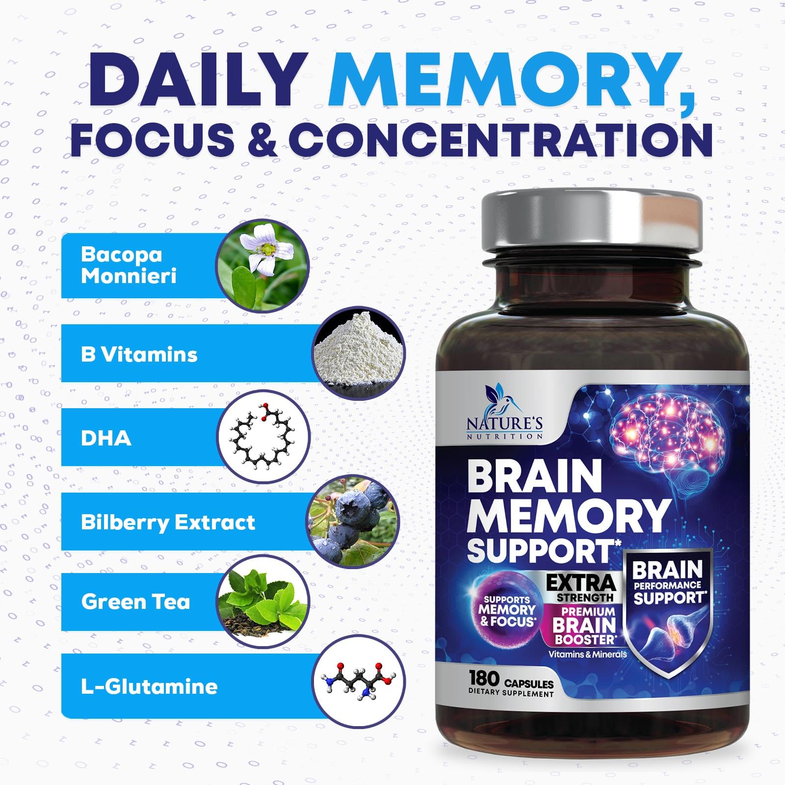 Brain Memory Supplement Pills - 3X Strength Nootropics for Concentration, Clarity & Focus Support - Brain Health Cognitive Vitamins with Bacopa, Phosphatidylserine & DMAE, Brain Booster - 180 Capsules - Maple Wellness Supplements
