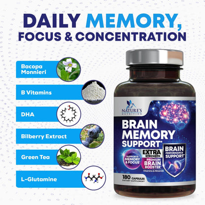 Brain Memory Supplement Pills - 3X Strength Nootropics for Concentration, Clarity & Focus Support - Brain Health Cognitive Vitamins with Bacopa, Phosphatidylserine & DMAE, Brain Booster - 180 Capsules - Maple Wellness Supplements