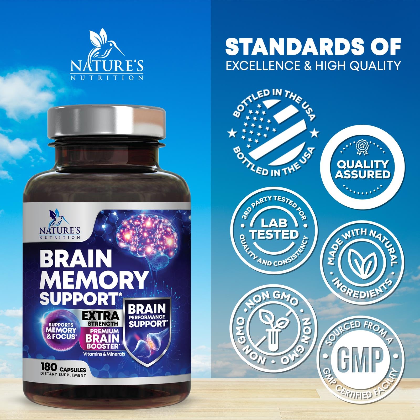 Brain Memory Supplement Pills - 3X Strength Nootropics for Concentration, Clarity & Focus Support - Brain Health Cognitive Vitamins with Bacopa, Phosphatidylserine & DMAE, Brain Booster - 180 Capsules - Maple Wellness Supplements