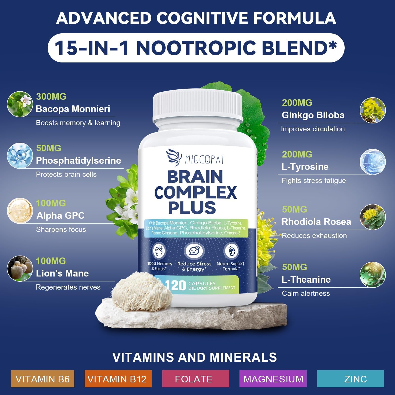 Brain Supplements for Memory and Focus | Nootropic with Bacopa Monnieri, Lion's Mane, Alpha GPC, Ginkgo Biloba | Mental Clarity & Cognitive Support | Vitamin B6 & B12 Neuro Health - Non-GMO, 120 Caps - Maple Wellness Supplements