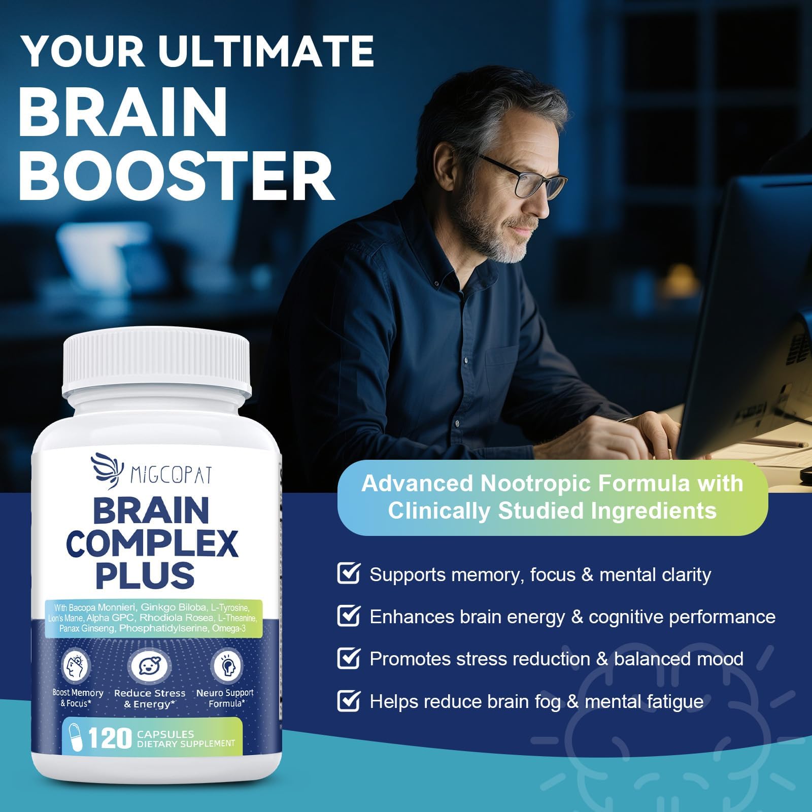 Brain Supplements for Memory and Focus | Nootropic with Bacopa Monnieri, Lion's Mane, Alpha GPC, Ginkgo Biloba | Mental Clarity & Cognitive Support | Vitamin B6 & B12 Neuro Health - Non-GMO, 120 Caps - Maple Wellness Supplements