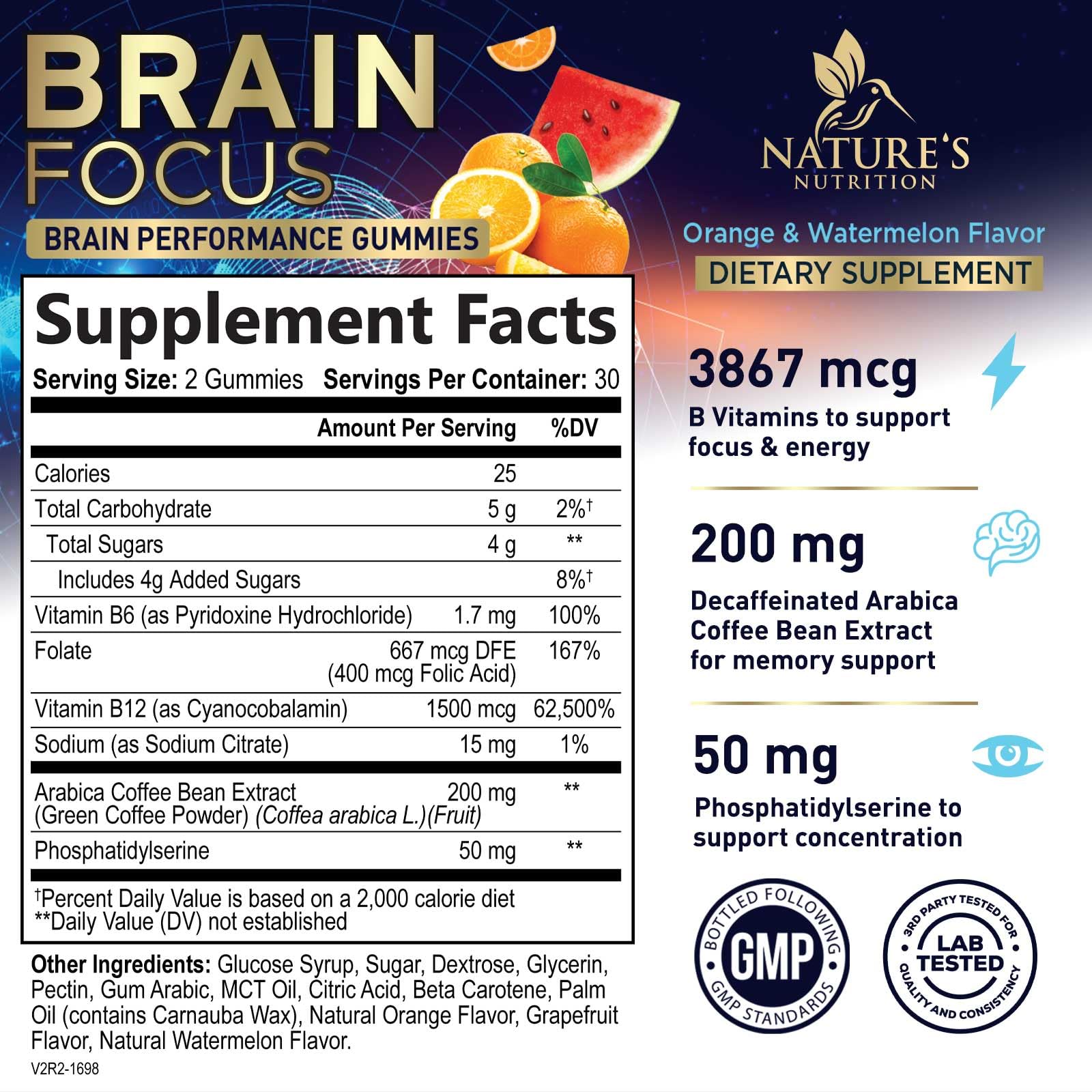 Brain Supplements for Memory and Focus with Phosphatidylserine, Nootropic Memory Supplement Gummy for Brain Health, Concentration, Mental & Cognitive Support, Focus Vitamins with B6 & B12-60 Gummies - Maple Wellness Supplements
