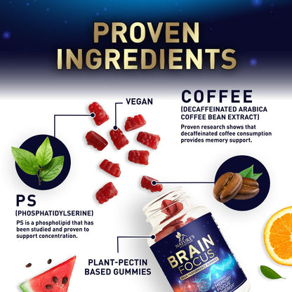 Brain Supplements for Memory and Focus with Phosphatidylserine, Nootropic Memory Supplement Gummy for Brain Health, Concentration, Mental & Cognitive Support, Focus Vitamins with B6 & B12-60 Gummies - Maple Wellness Supplements