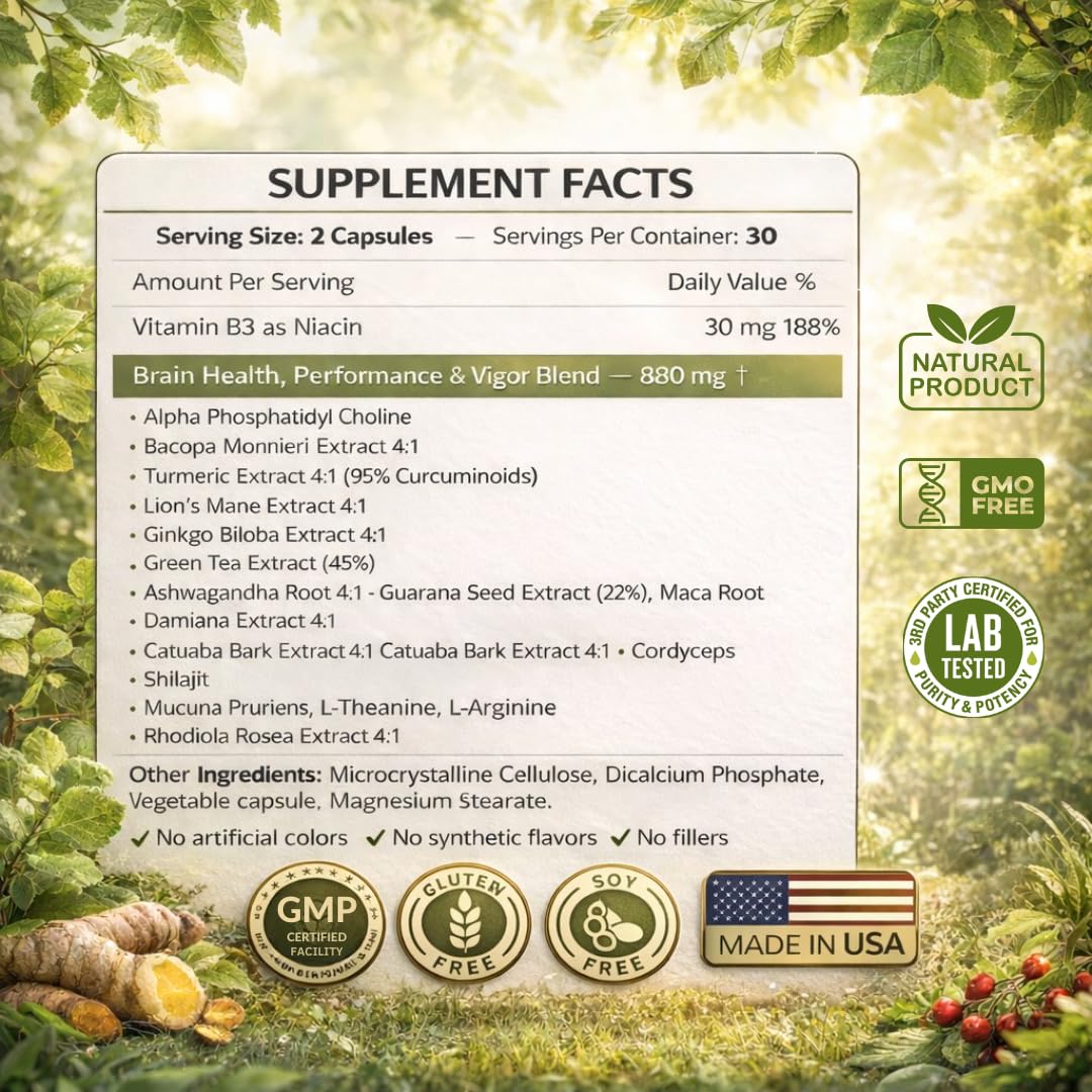 Brain Supplements for Memory & Focus - Nootropic Brain Health - Cognitive Performance, Clarity, Energy, Mental Vigor, Shilajit - Alpha Choline, Lion's Mane, Bacopa, 18 Premium Ingredients - Maple Wellness Supplements