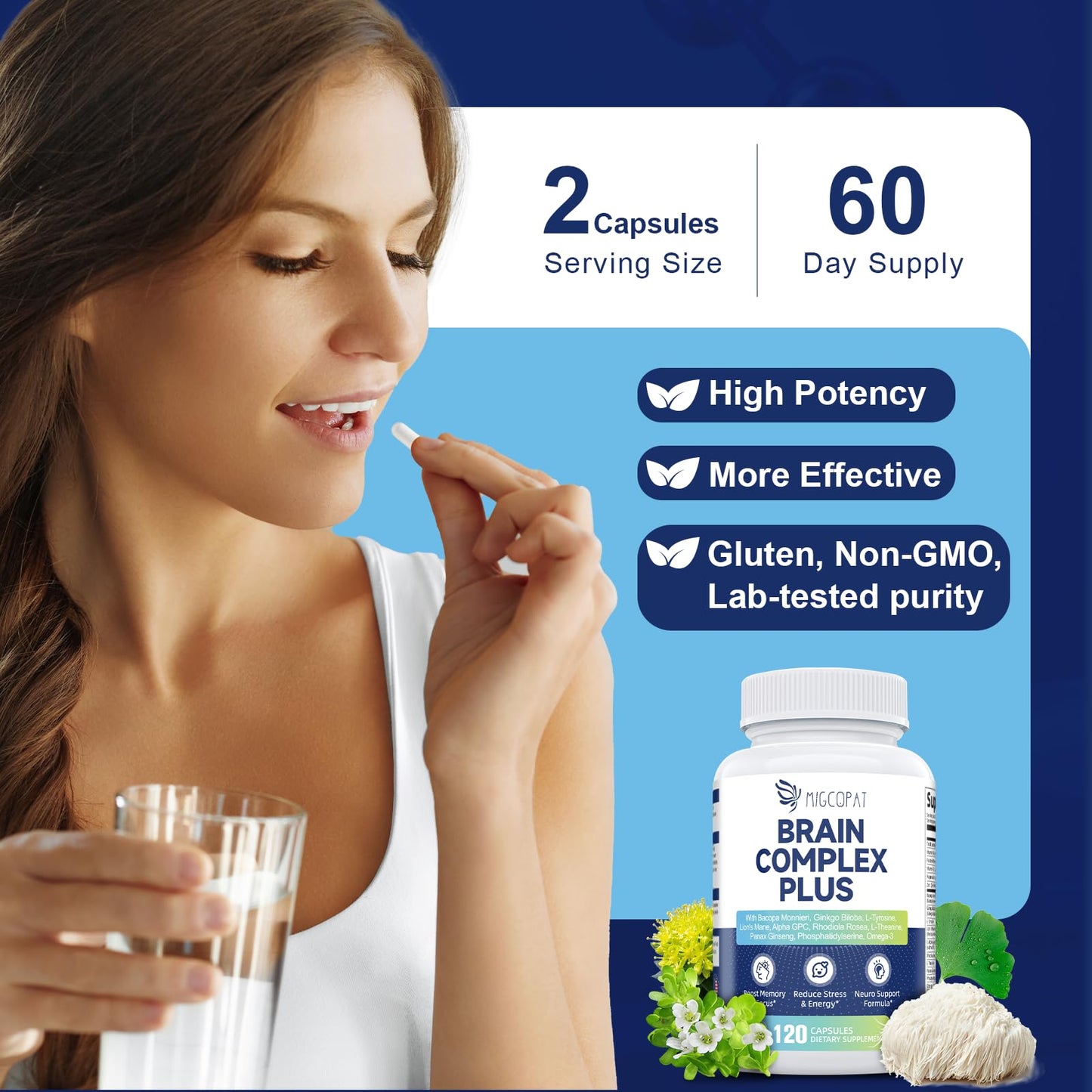 Brain Supplements for Memory & Focus - Nootropic with Bacopa Monnieri, Lion's Mane, Alpha GPC, Phosphatidylserine | Supports Mental Clarity & Cognitive Function | Vitamin B6 & B12-120 Capsules - Maple Wellness Supplements