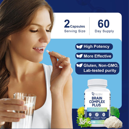 Brain Supplements for Memory & Focus - Nootropic with Bacopa Monnieri, Lion's Mane, Alpha GPC, Phosphatidylserine | Supports Mental Clarity & Cognitive Function | Vitamin B6 & B12-120 Capsules - Maple Wellness Supplements
