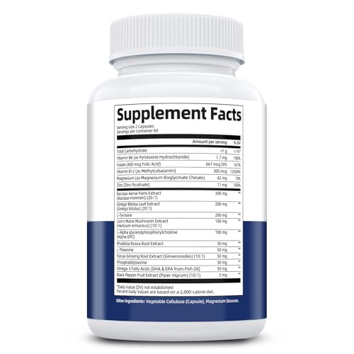 Brain Supplements for Memory & Focus - Nootropic with Bacopa Monnieri, Lion's Mane, Alpha GPC, Phosphatidylserine | Supports Mental Clarity & Cognitive Function | Vitamin B6 & B12-120 Capsules - Maple Wellness Supplements