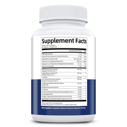 Brain Supplements for Memory & Focus - Nootropic with Bacopa Monnieri, Lion's Mane, Alpha GPC, Phosphatidylserine | Supports Mental Clarity & Cognitive Function | Vitamin B6 & B12-120 Capsules - Maple Wellness Supplements
