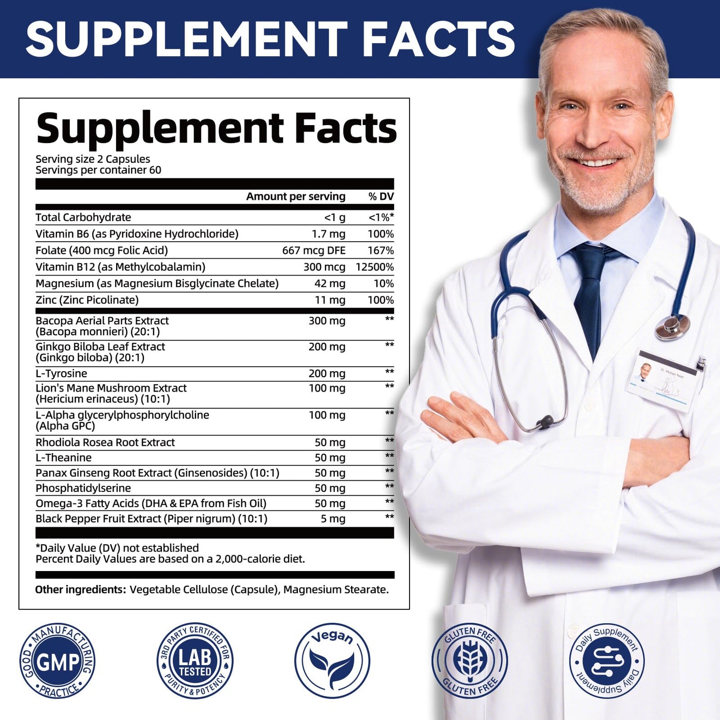 Brain Supplements for Memory & Focus - Nootropic with Bacopa Monnieri, Lion's Mane, Alpha GPC, Phosphatidylserine | Supports Mental Clarity & Cognitive Function | Vitamin B6 & B12-120 Capsules - Maple Wellness Supplements