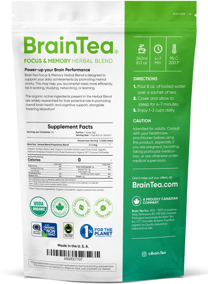 Brain Tea Focus & Memory - Brain Tea Organic Certified 4-in-1 Nootropic Herbal Supplement with Ginkgo Biloba, Gotu Kola, Lion’s Mane Mushroom, MCT Caffeine-Free for Mental Clarity (30 Sachets) - Maple Wellness Supplements