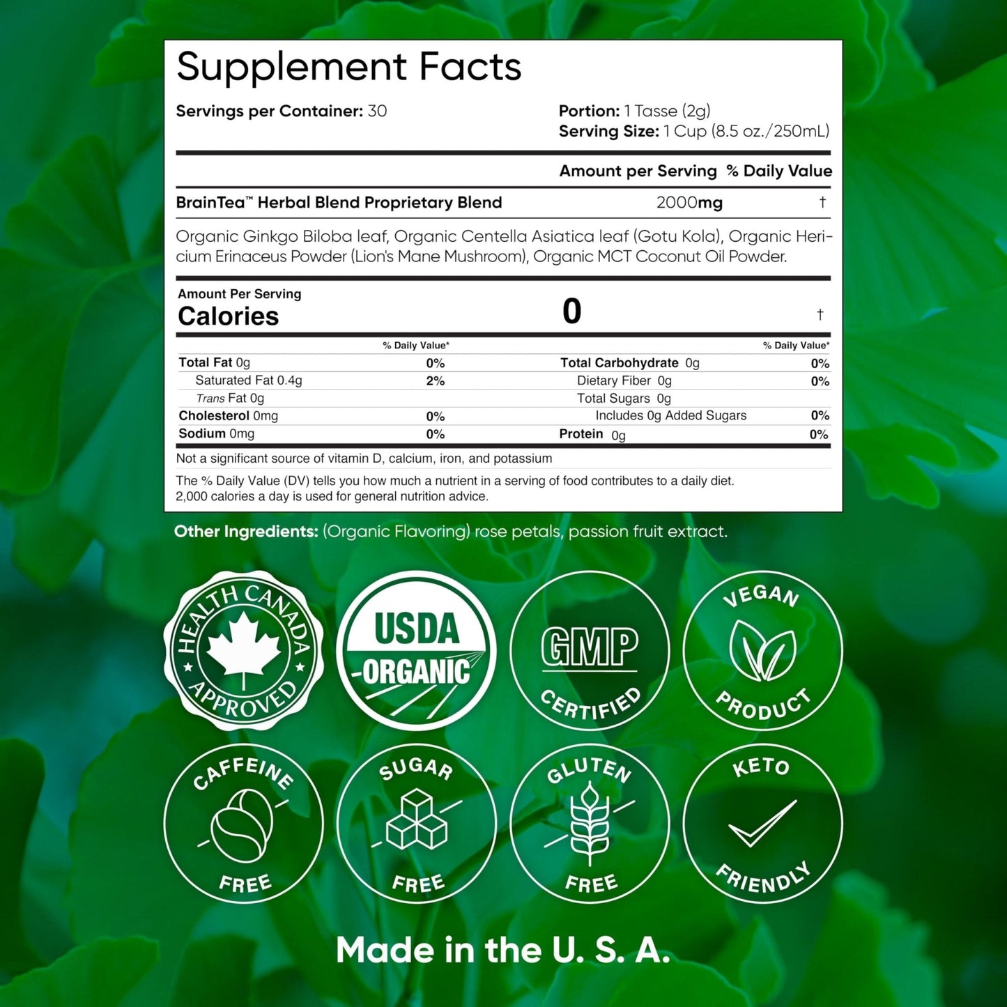 Brain Tea Focus & Memory - Brain Tea Organic Certified 4-in-1 Nootropic Herbal Supplement with Ginkgo Biloba, Gotu Kola, Lion’s Mane Mushroom, MCT Caffeine-Free for Mental Clarity (30 Sachets) - Maple Wellness Supplements