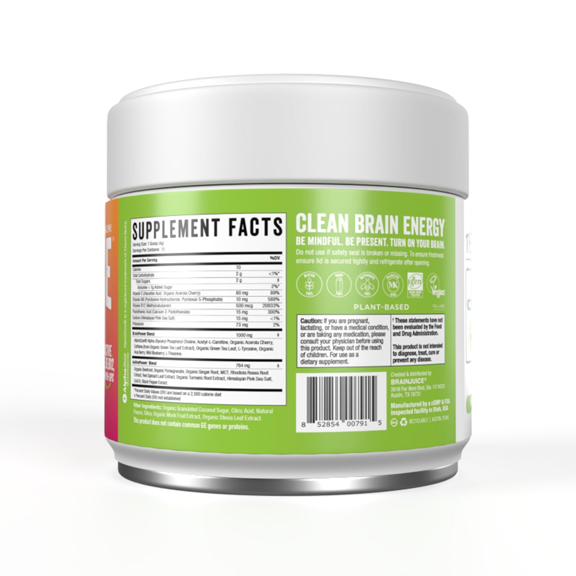 BrainJuice Nootropics Brain Support Supplement, Gluten Free Powder for Energy and Focus, Pre Workout w/Alpha GPC, Vitamin B & Organic Green Tea Extract Caffeine, Active Pomegranate Acai, 15 Servings - Maple Wellness Supplements