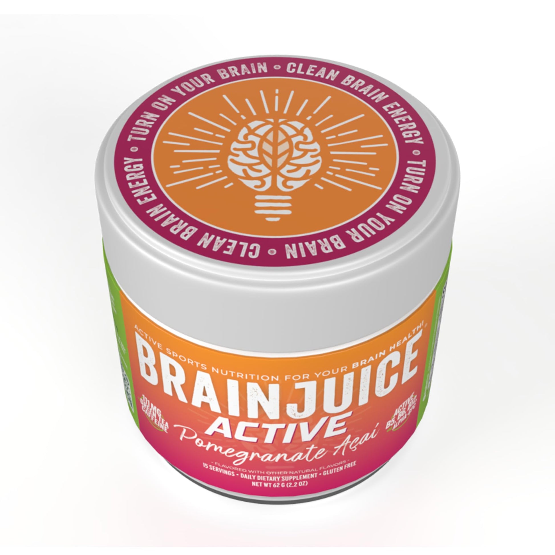 BrainJuice Nootropics Brain Support Supplement, Gluten Free Powder for Energy and Focus, Pre Workout w/Alpha GPC, Vitamin B & Organic Green Tea Extract Caffeine, Active Pomegranate Acai, 15 Servings - Maple Wellness Supplements