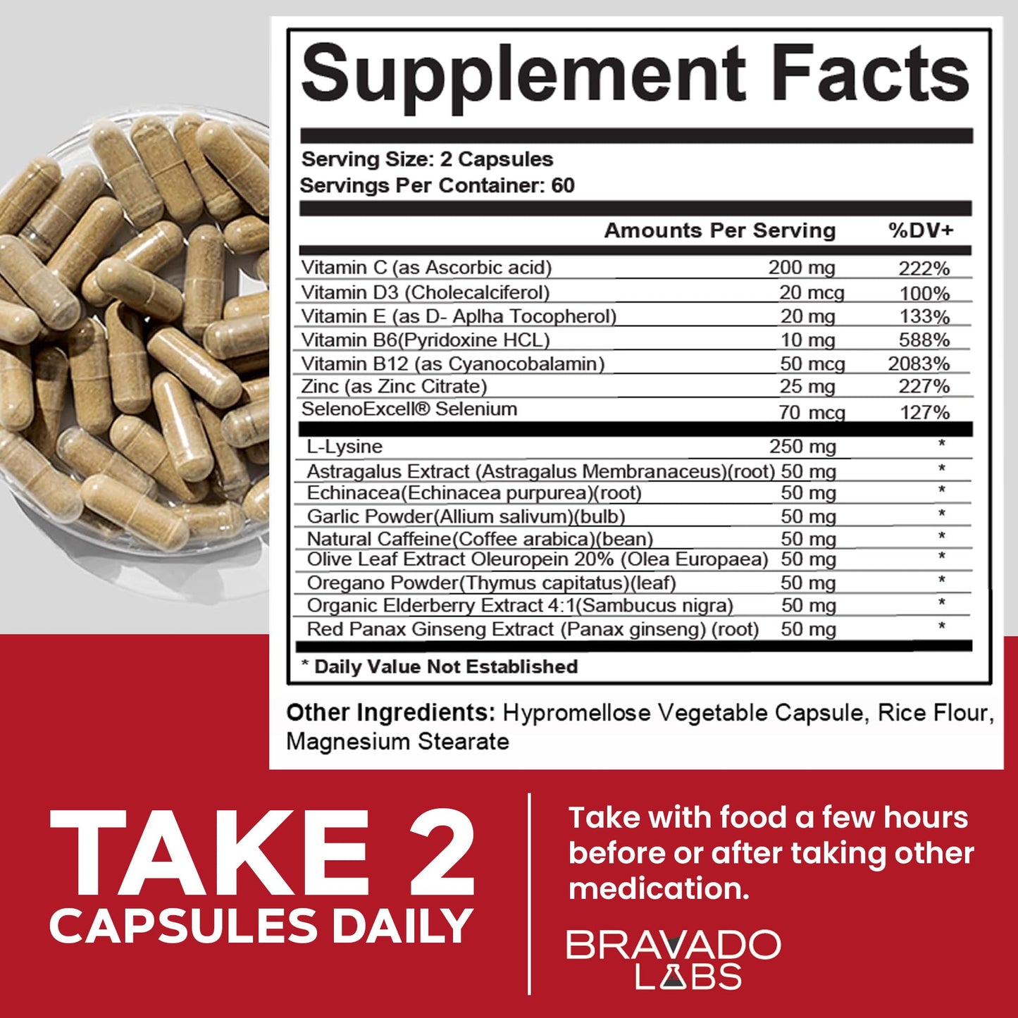 Bravado Labs L-Lysine 250mg Capsules – Immune & Cold Sore Support – Vegan, Non-GMO, Allergen-Free, 3rd-Party Tested - Maple Wellness Supplements