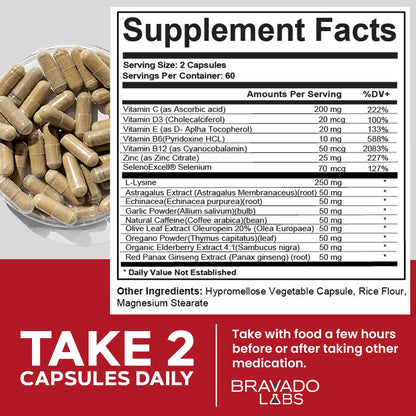 Bravado Labs L-Lysine 250mg Capsules – Immune & Cold Sore Support – Vegan, Non-GMO, Allergen-Free, 3rd-Party Tested - Maple Wellness Supplements