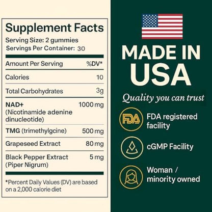 b.Ready NAD+ Gummies, Premium 1000 mg NAD Supplement with 500 mg TMG, Grape Seed & Black Pepper Extract – NAD+ for Healthy Aging, Cellular Energy & Antioxidant Support, Vegan, Sugar-Free, 60 Count - Maple Wellness Supplements
