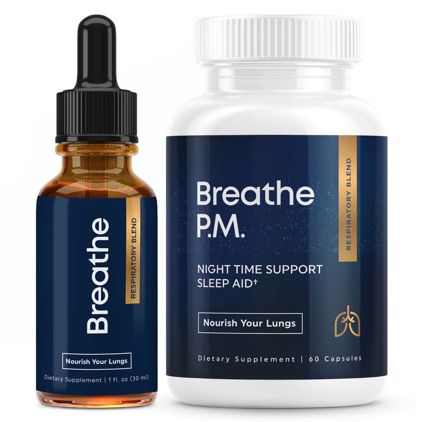 BREATHE & BREATHE PM Bundle - 60 Caps & 1 fl.oz. Mullein Drops for Lungs & Airways: Peppermint, Thyme, & Mullein Leaf Extract for Lungs Detox for Smokers - Clear Mucus & Breathe - GMO-Free & USA-Made - Maple Wellness Supplements
