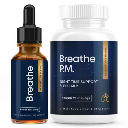 BREATHE & BREATHE PM Bundle - 60 Caps & 1 fl.oz. Mullein Drops for Lungs & Airways: Peppermint, Thyme, & Mullein Leaf Extract for Lungs Detox for Smokers - Clear Mucus & Breathe - GMO-Free & USA-Made - Maple Wellness Supplements